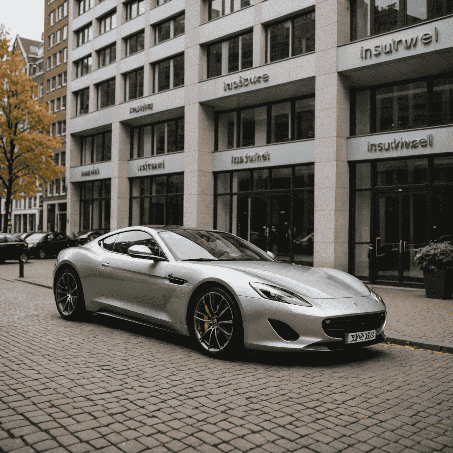 Een luxe sportwagen geparkeerd voor een modern kantoorgebouw in Amsterdam, met het InsureWheel-logo subtiel zichtbaar op de achtergrond