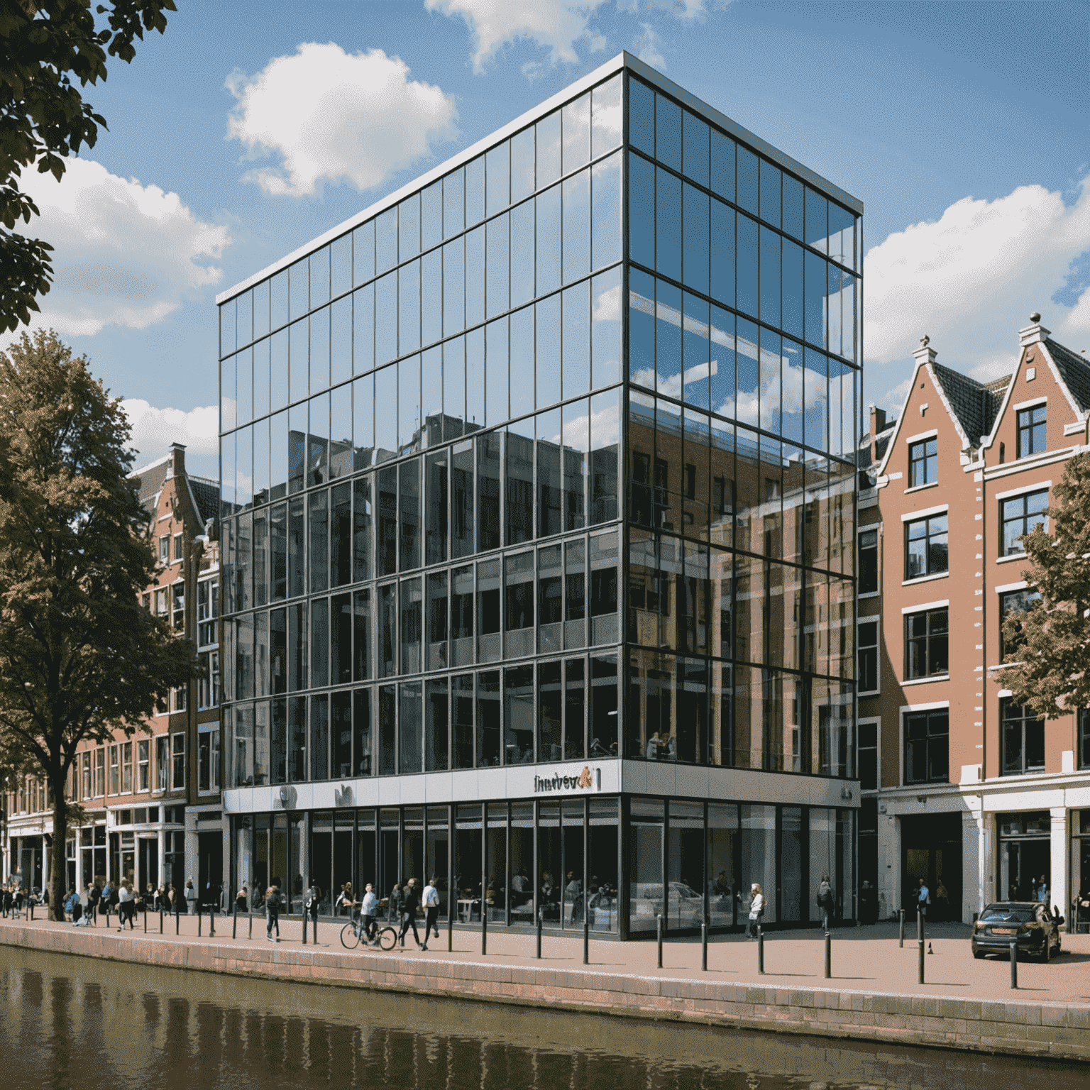 Modern kantoorgebouw van InsureWheel in Amsterdam, met glazen gevel en het logo prominent zichtbaar. De omgeving toont typische Nederlandse architectuur en grachten.