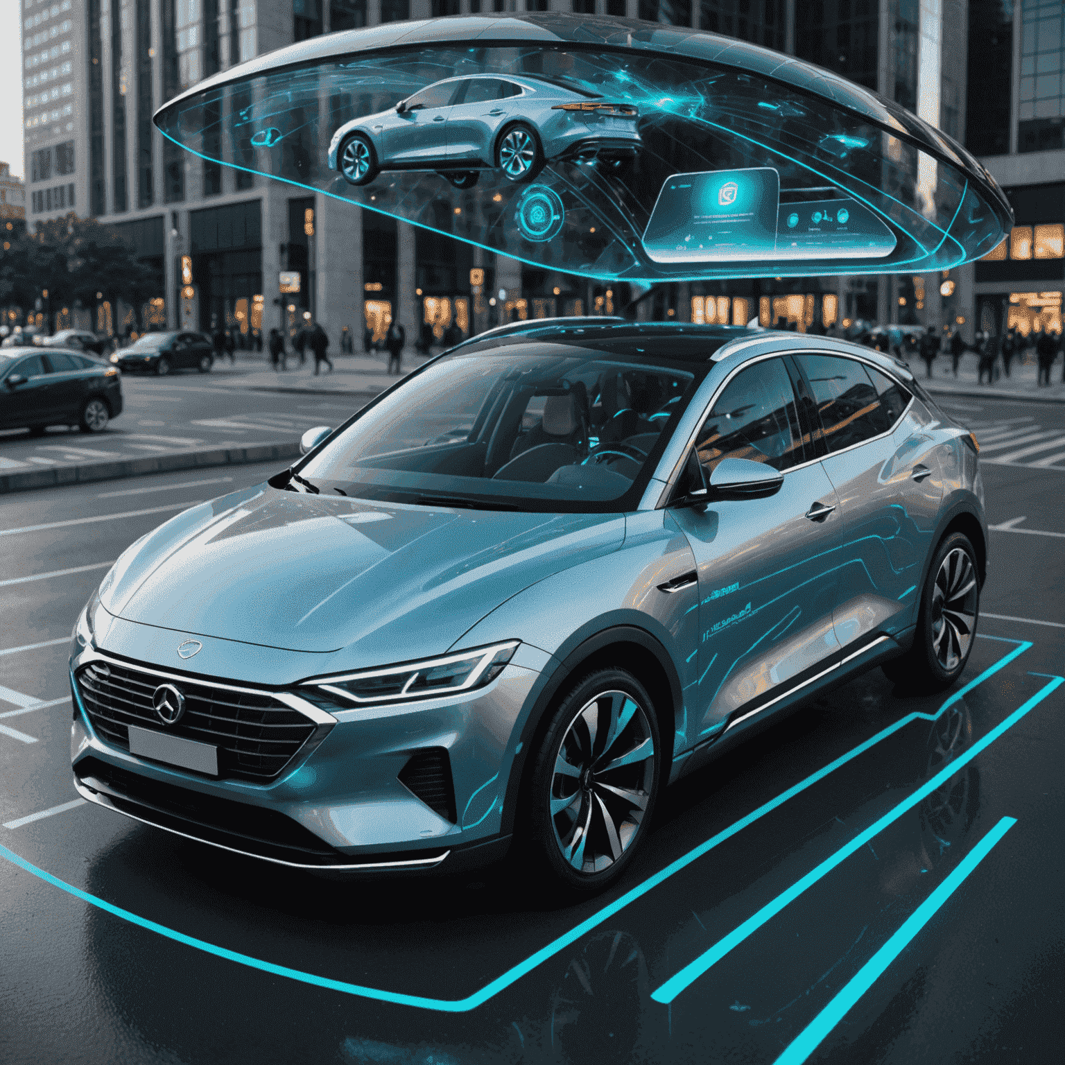 Een futuristische auto met holografische displays die verzekeringsgegevens tonen, omringd door technologische symbolen die telematics en AI vertegenwoordigen