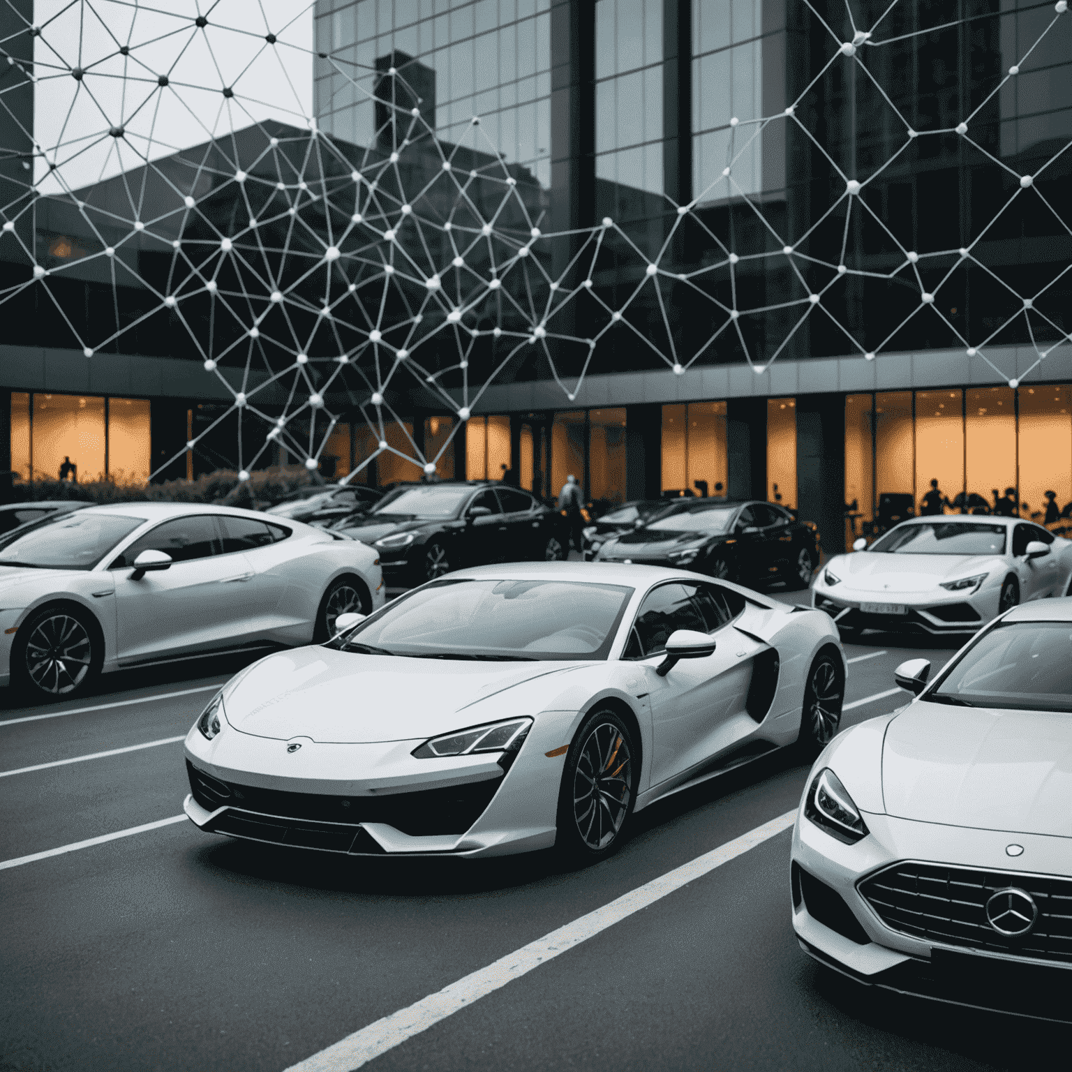 Een visuele representatie van een blockchain-netwerk dat verzekeringsgegevens beveiligt, met luxe auto's op de achtergrond