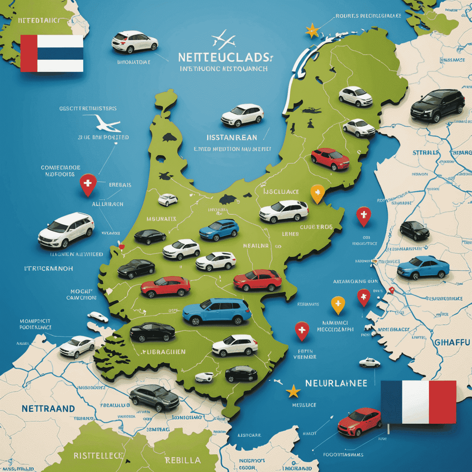 Een kaart van Nederland met daarop luxe auto's en verzekeringssymbolen